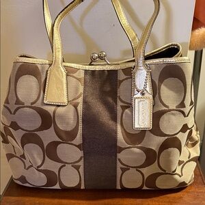 Coach Signature Canvas Tote with Metallic Gold Trim and Brown Stripe